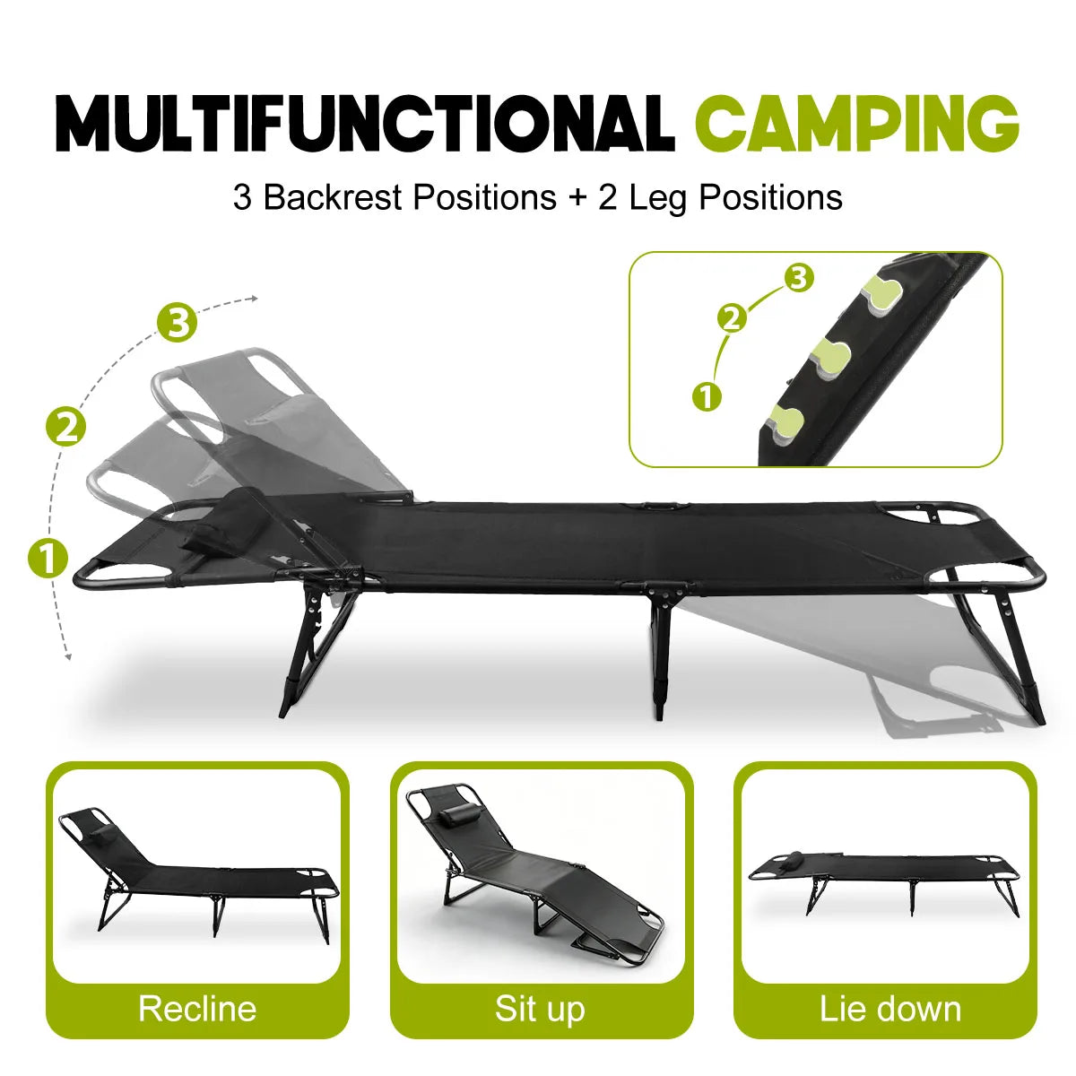 Adjustable Folding Camping Lounge Chair with Removable Soft Cushion, 3 Position Reclining Portable Beach Tanning Chair, Heavy Duty 330 LBS Fold Up Outdoor Chaise Lounge for Pool Patio Office Napping Indoor & Backyard