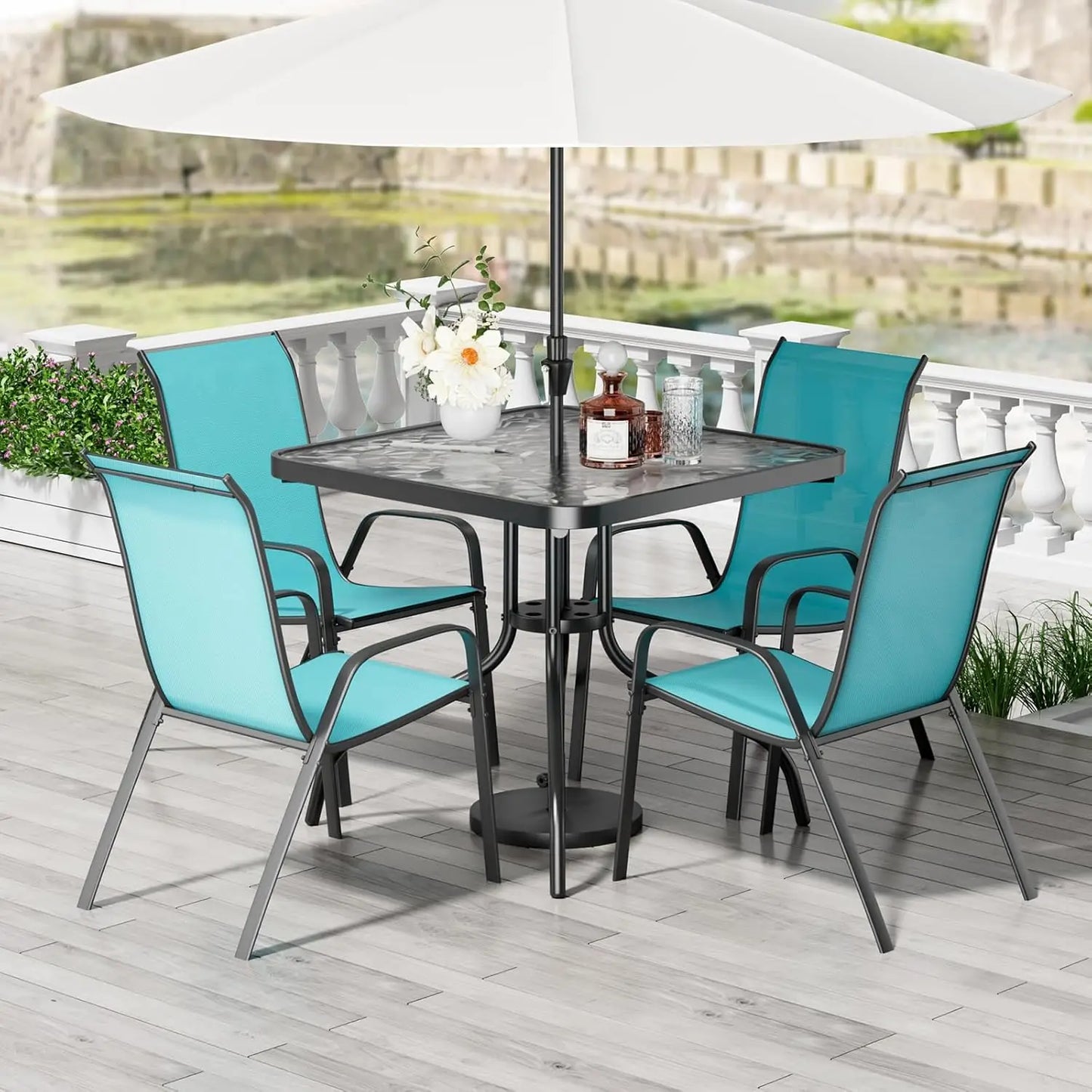 Patio Dining Set 5 Pieces, All Weather Outdoor Furniture W/30"X 30" Table and 4 Stackable Textilene Chairs, Metal, Customized