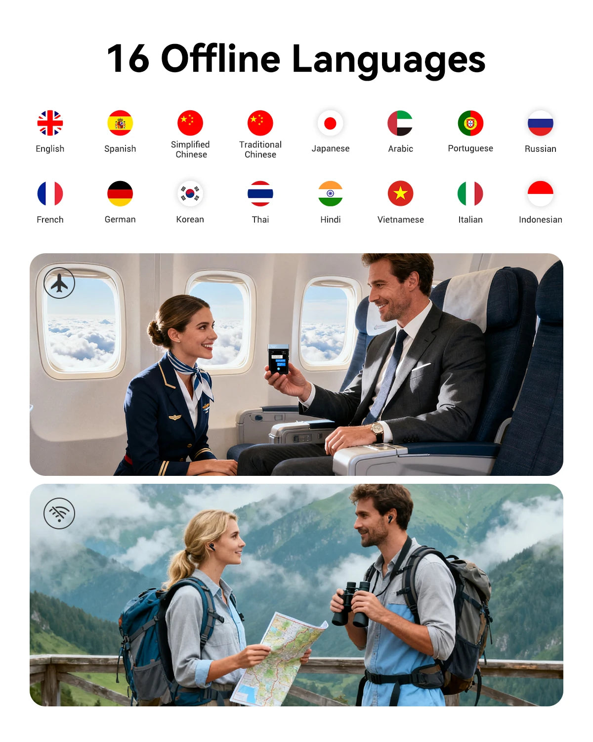 Wooask [A9S] AI Translator Earbuds, Real-Time Translation Device with ChatGPT,No App Needed,for Travel & Business, WiFi Version