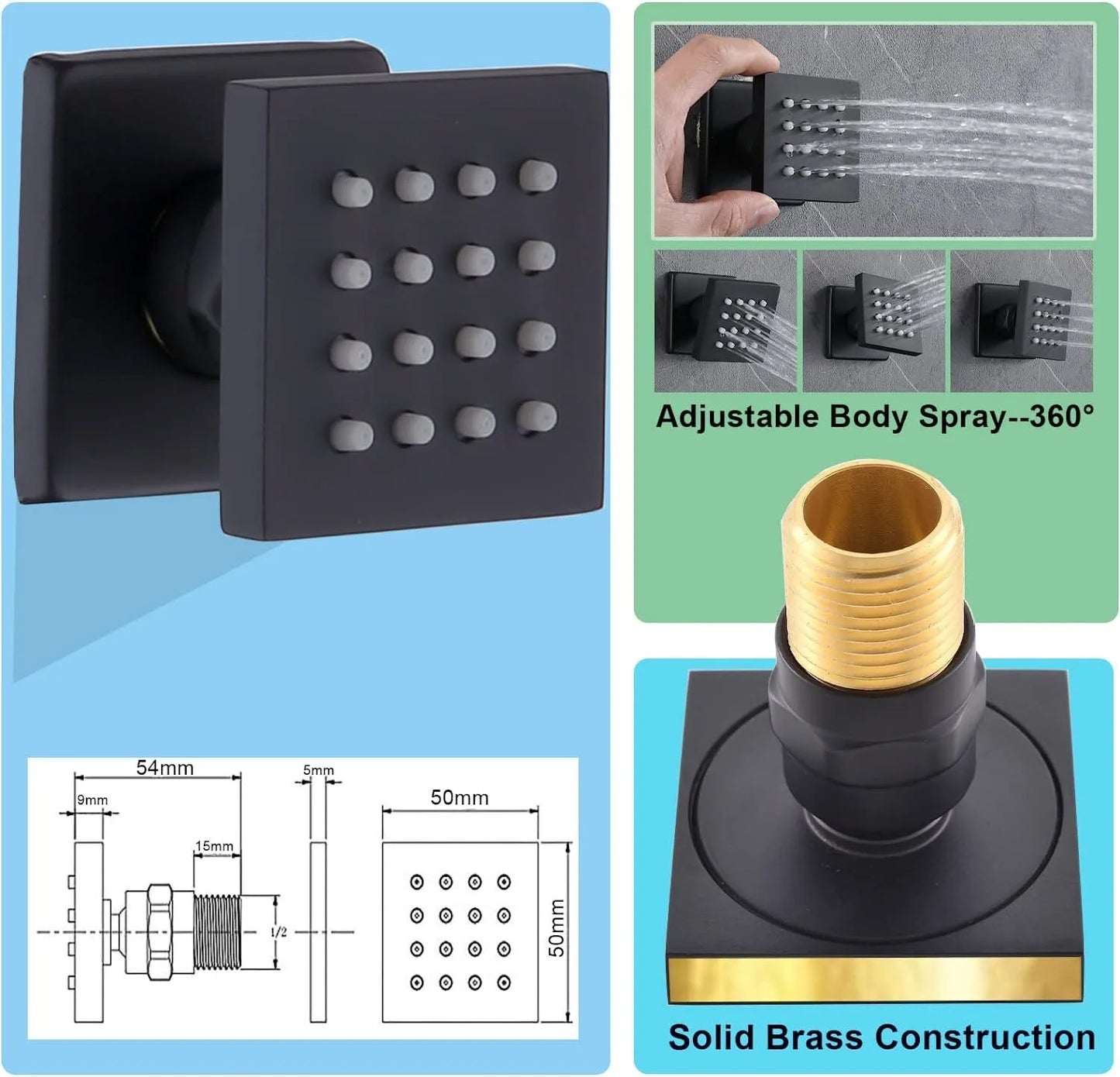 Black 8 inch Rain Shower Faucet Set Thermostatic Valve Massage Shower System Kit