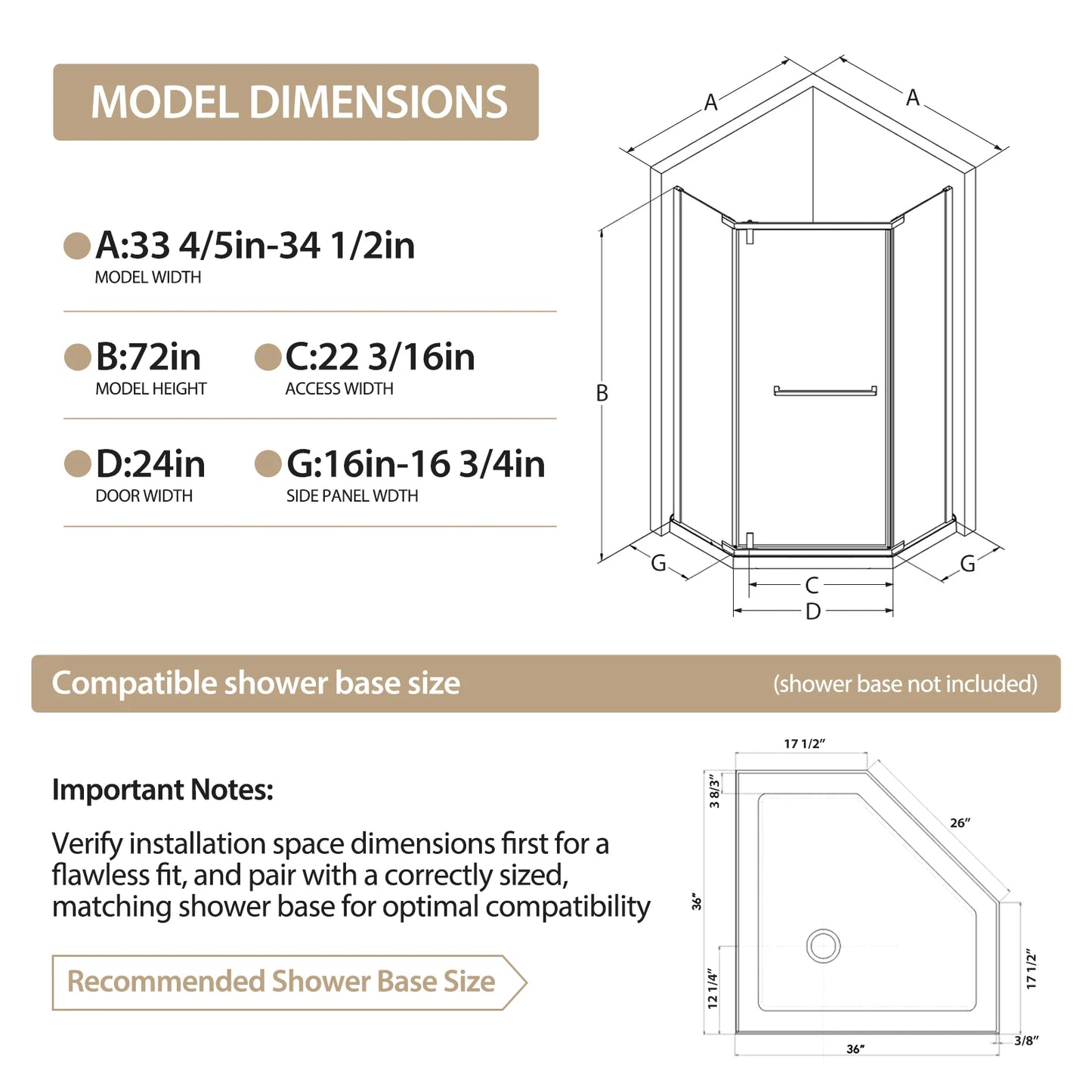 36"D x 36"W x 72"H Neo-Angle Shower Door, 1/4" SGCC Tempered Glass with Explosion-Proof Film, Chrome Stainless Steel Frame