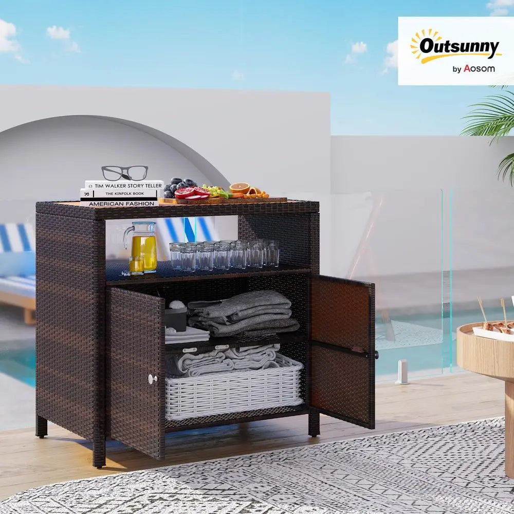 Wicker Outdoor Storage Cabinet, Rattan Bar Table with Acacia Wood Countertop, 2 Doors and Shelf, Buffet Cabinet Sideboard for P