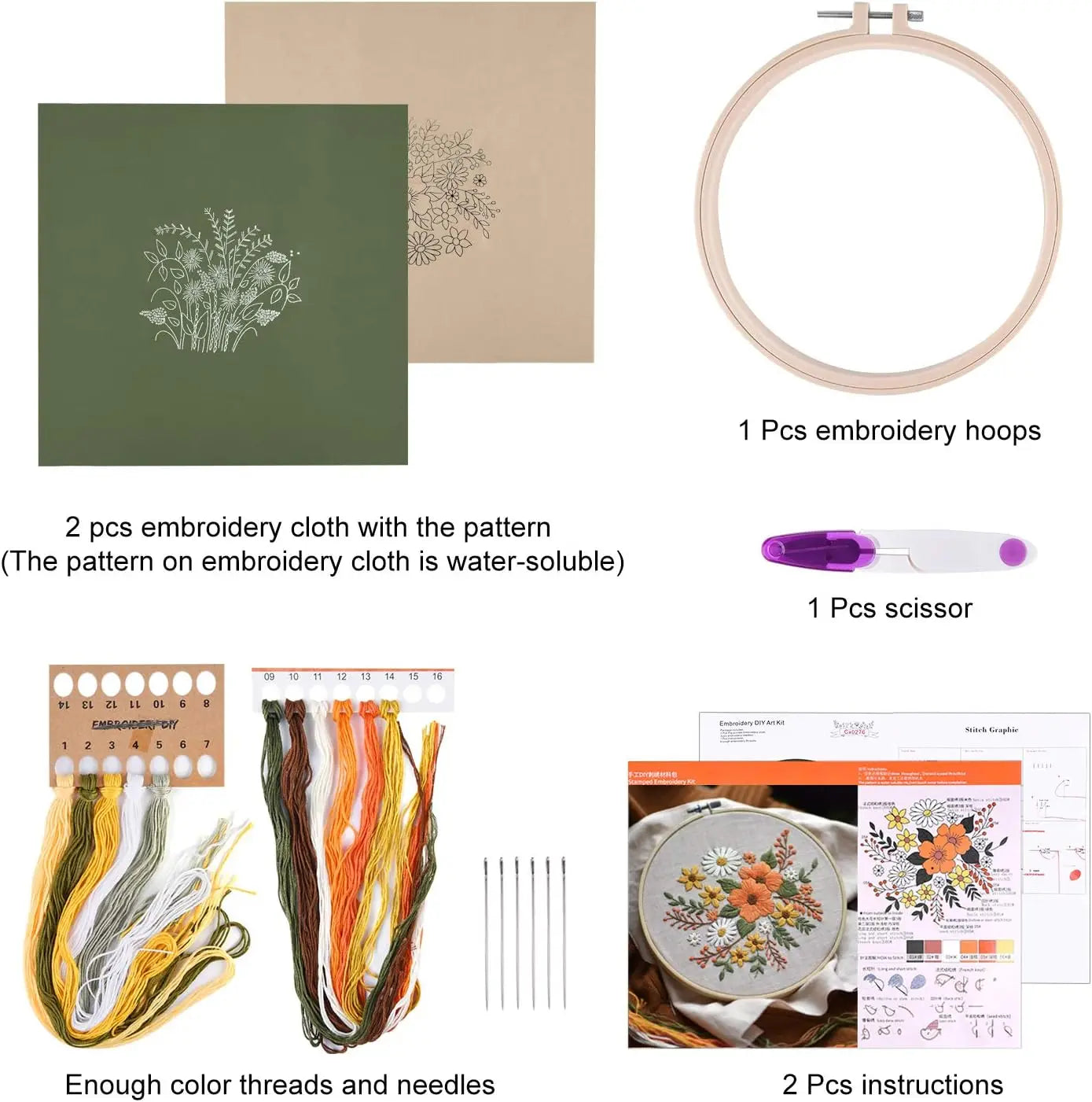 2 Sets Full Range Embroidery Starter Kit with Floral Pattern, Hoops, Scissors for Cross Stitch