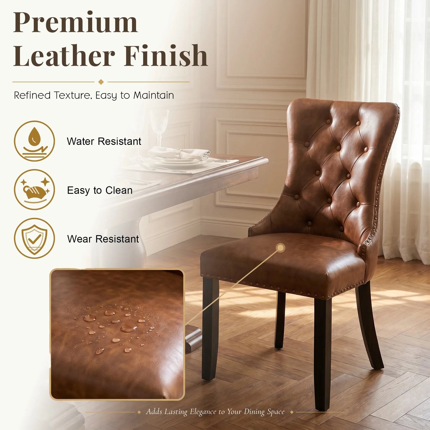Set of 2 Tufted Faux Leather Dining Chairs with Nailhead Trim, Upholstered Side Chairs