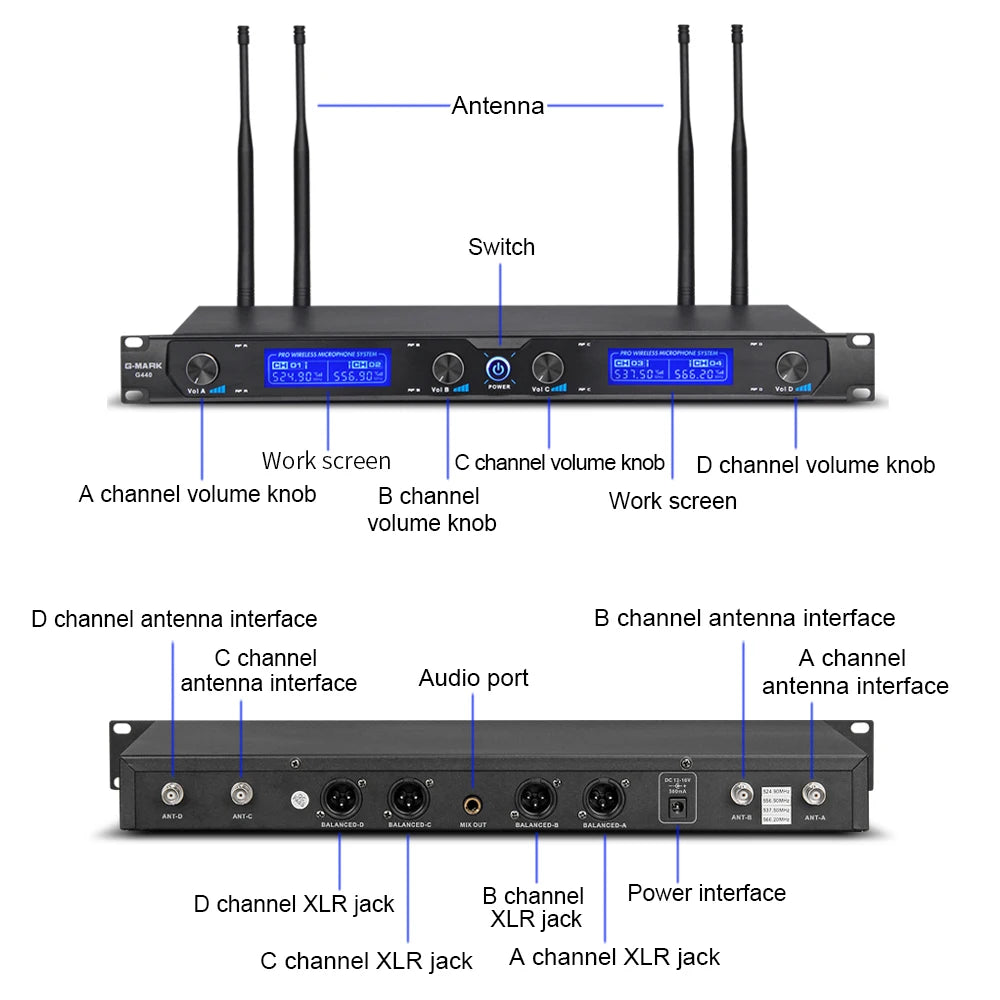 G-MARK Wireless Microphone System, 4 Channel Wireless Microphones with Rechargeable Handheld Mics, 250FT Range, UHF Metal Cordle