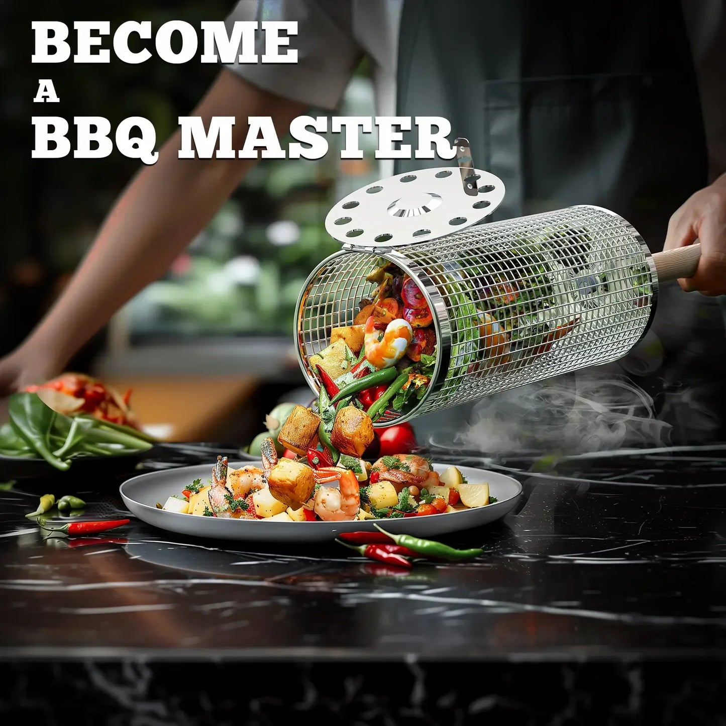 ivtivfu Rolling Grill Baskets 2PCS with Removable Wooden Handles Nesting Design 304 Stainless Steel BBQ Accessories for Vegetables Shrimp Outdoor Camping Kitchen Birthday Gifts for Men Dad Husband - Food