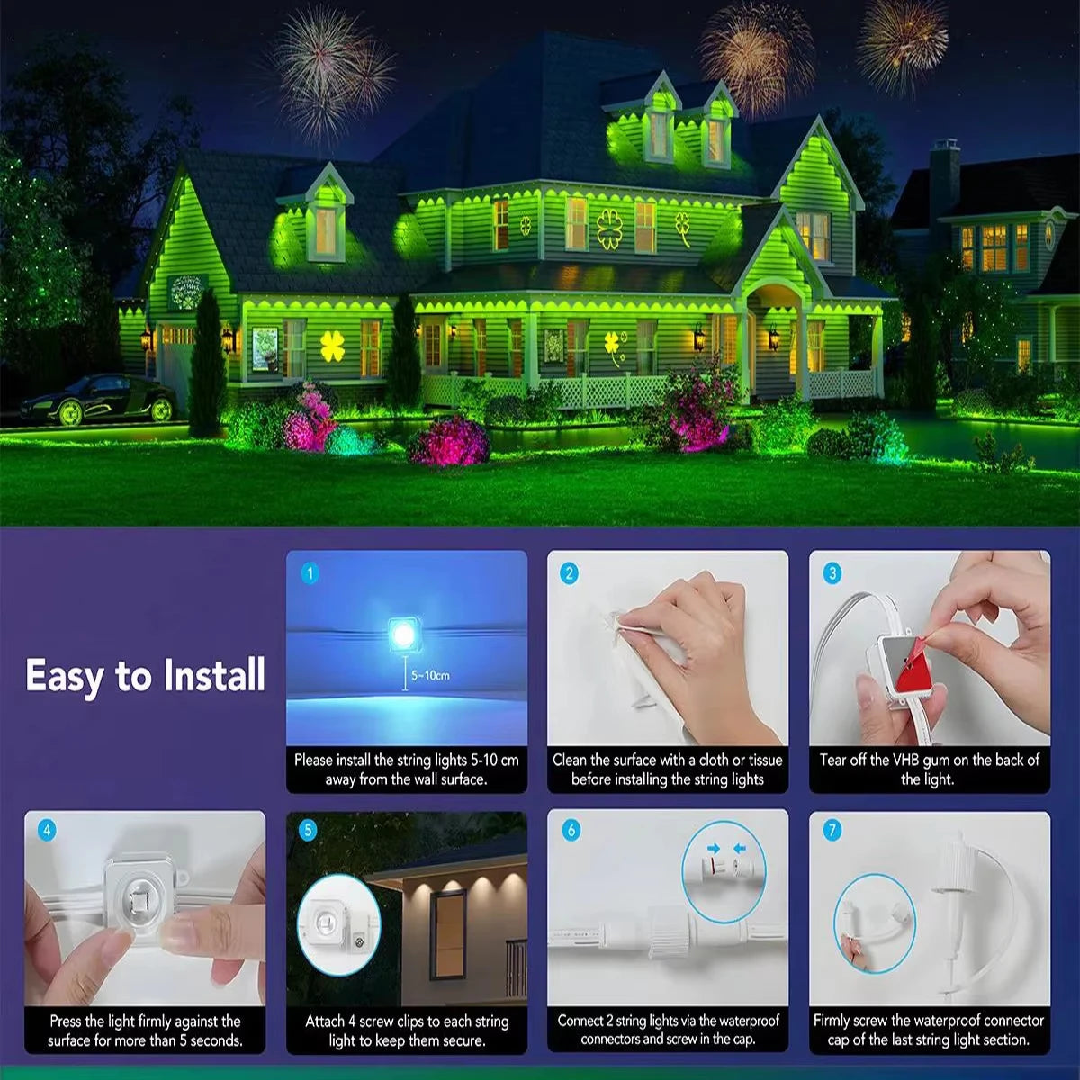 150FT 90 LED Smart RGBIC Eave Lights Permanent Outdoor Waterproof LED Light String DIY Christmas Decorations Light Holiday Light