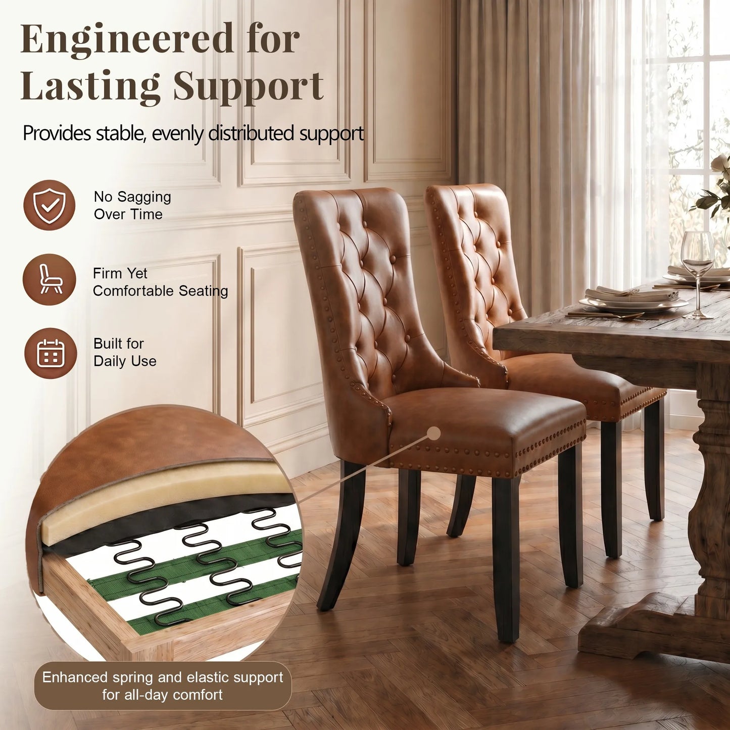 Set of 2 Tufted Faux Leather Dining Chairs with Nailhead Trim, Upholstered Side Chairs