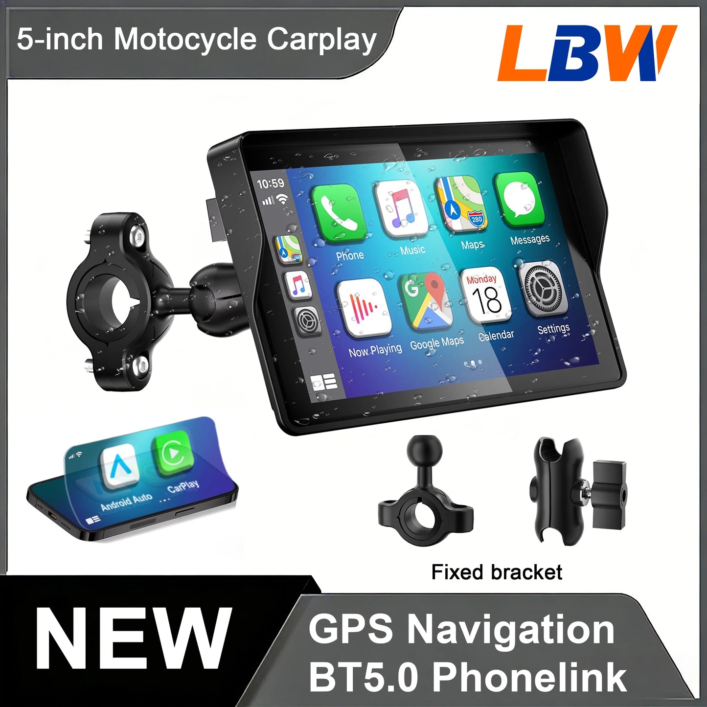 5 inch Wireless Motorcycle CarPlay Android Auto Compatible with All Models Portable GPS Navigation Dashboard Fit For ZX Moto