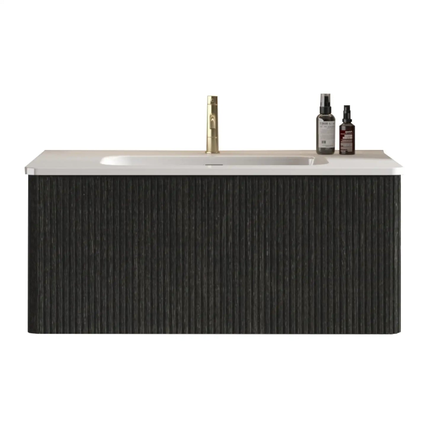 Brushed Black Oak Bathroom Vanity 36 Inch Floating Design White Ceramic Sink Included Luxury Sink Cabinet for Bathroom Remodel