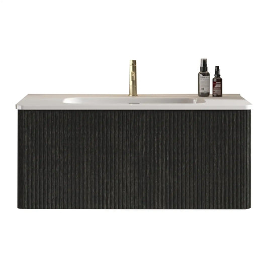 Brushed Black Oak Bathroom Vanity 36 Inch Floating Design White Ceramic Sink Included Luxury Sink Cabinet for Bathroom Remodel