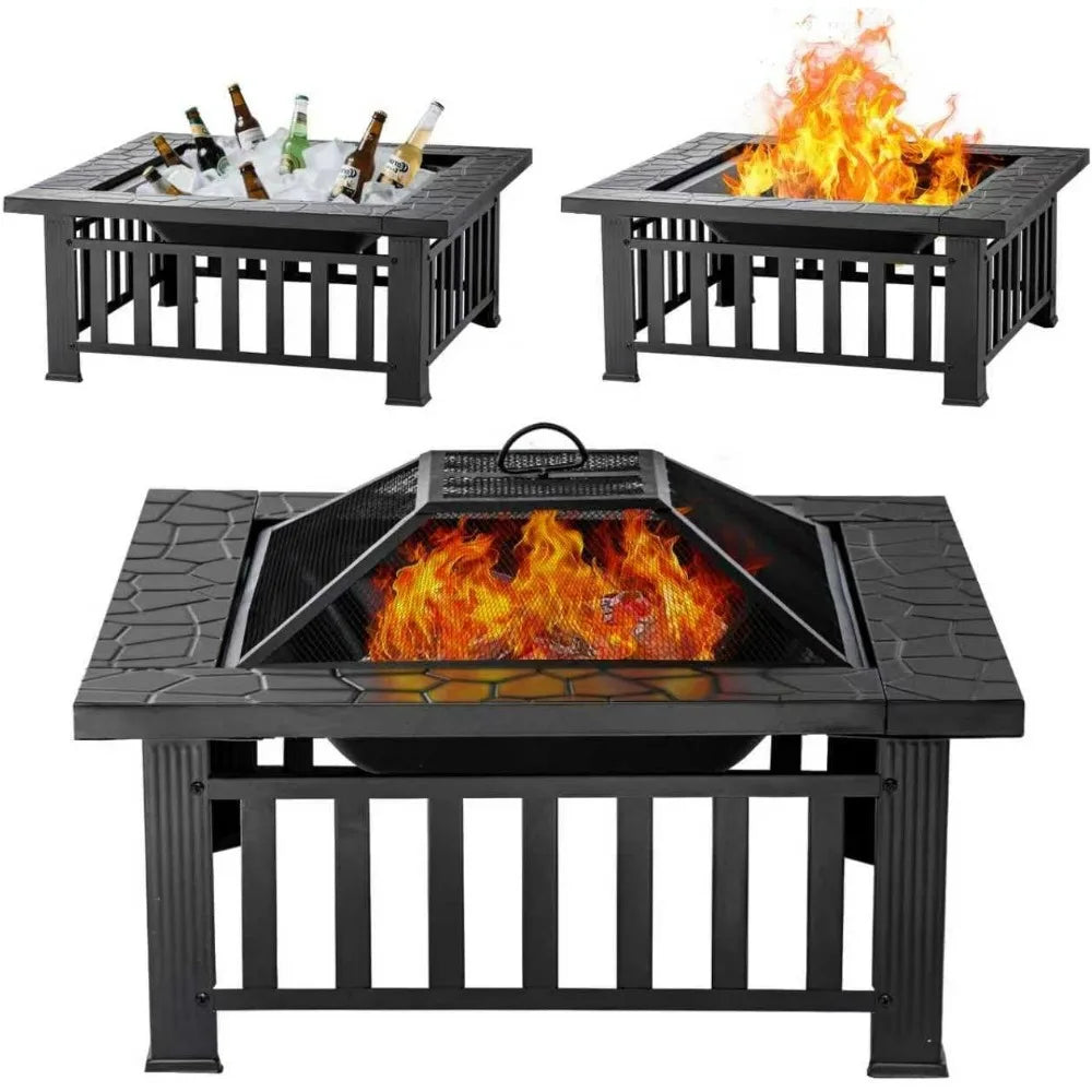 Panovue 32 Inch Square Metal Fire Pit Table - Multifunctional Outdoor Stove for Patio Backyard Garden Camping Heating Bonfire