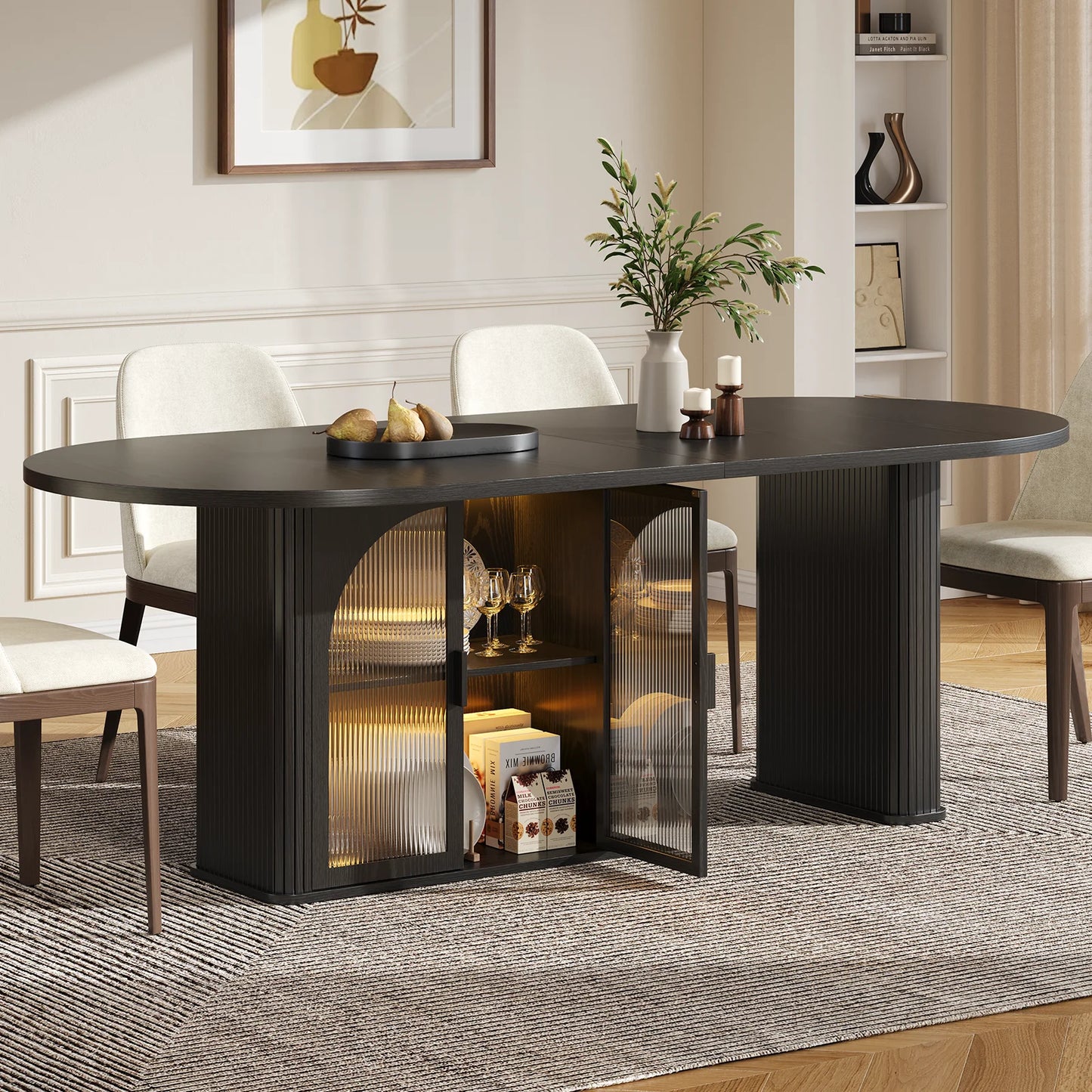 Walnut 70 Inch Oval Dining Table for 6-8 People, Modern Large Dining Room Table with 2-Tier Storage Space, Wood Center Kitchen Table with LED Light, Dinner Table with Heavy Duty Legs