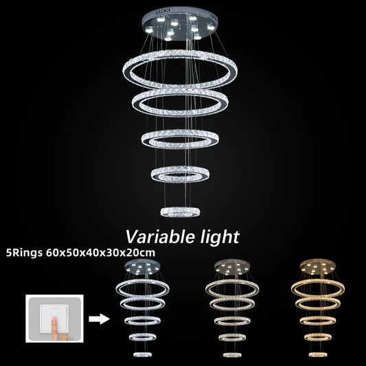 Modern Crystal Chrome Led Pendant Light Fixture Rings Adjustable Chandelier Dimming Lamp  for Living Room Bedroom Hanging Lustre