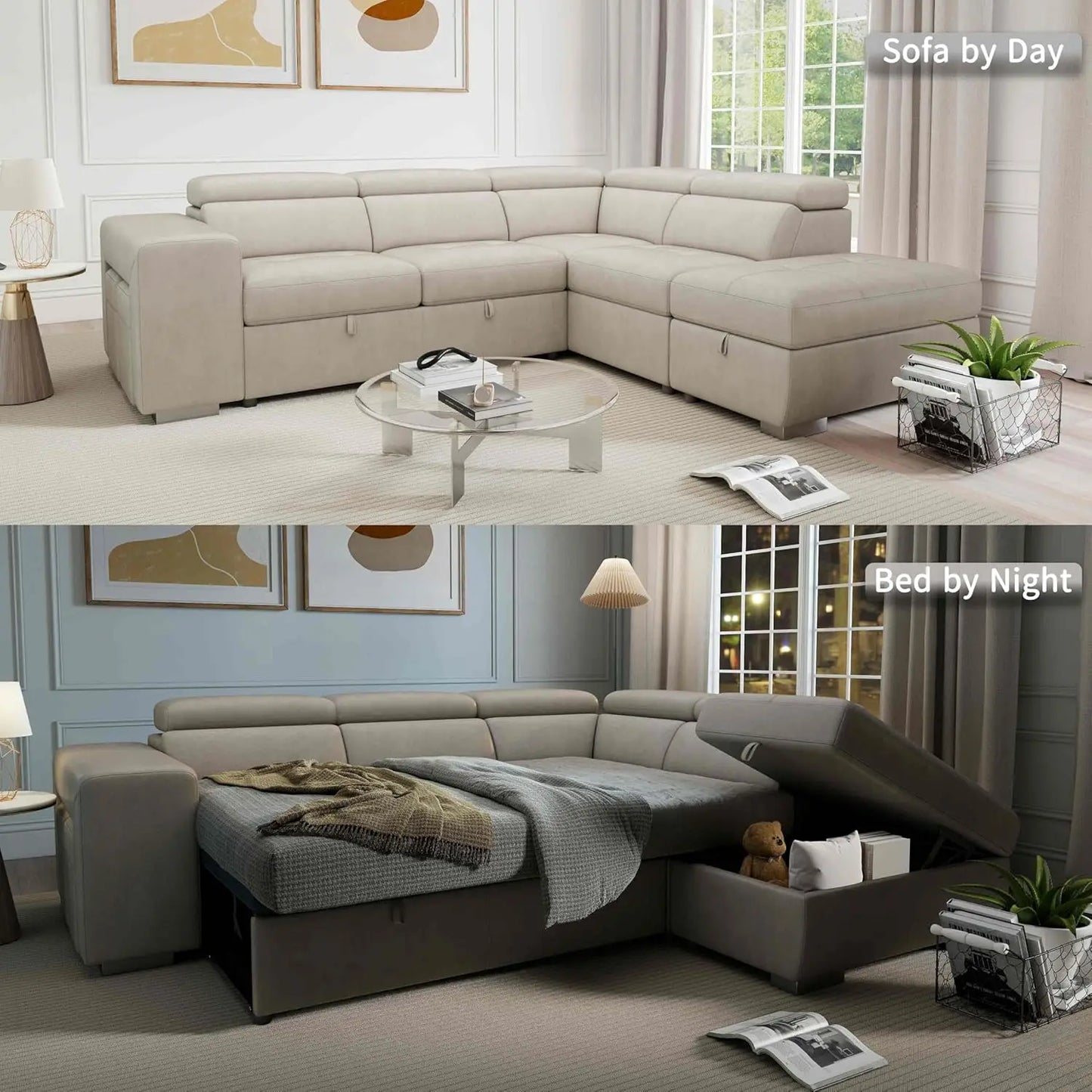 104'' Microfiber L Shaped Sectional Sleeper Sofa Couch with Pull Out Bed and Storage Ottoman, Convertible Couches with