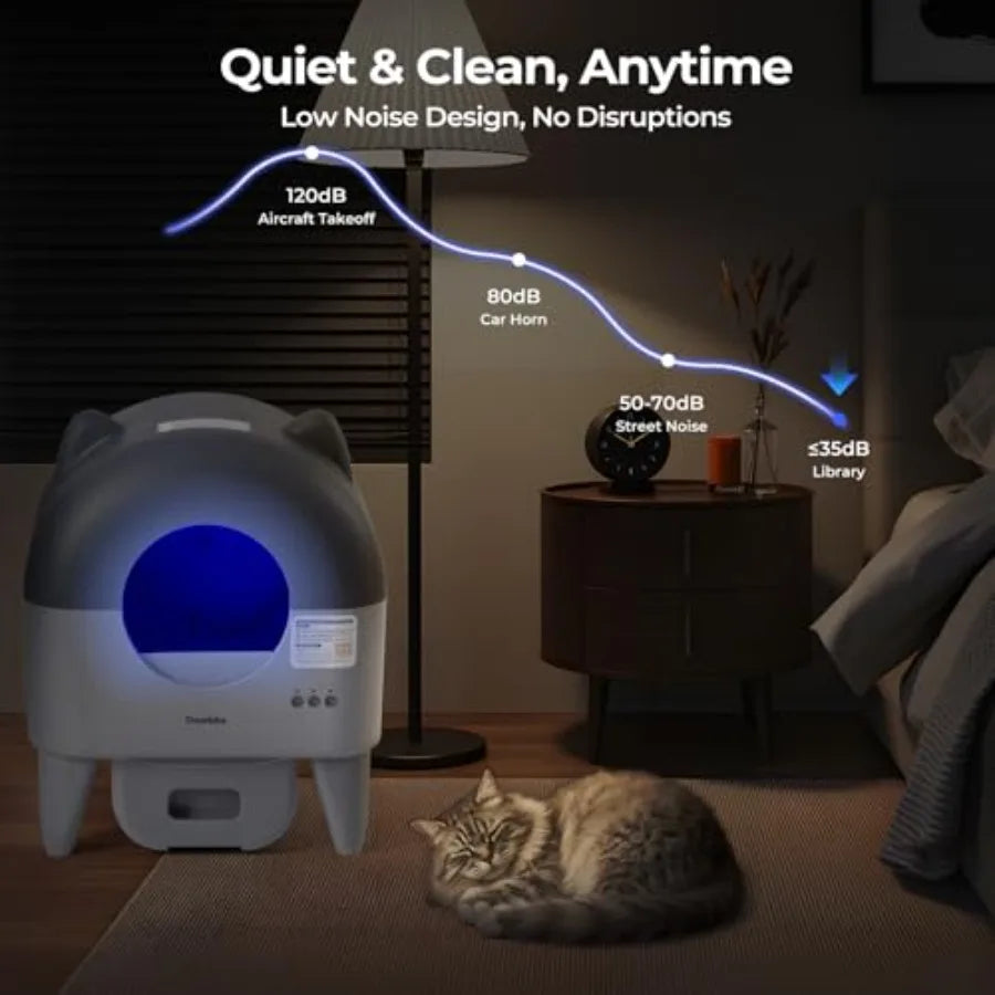 Extra Large Automatic Litter Box for Multiple Cats with Smart APP Control Low Noise Safety Sensors Anti-Track Mat Odor-Free Gra