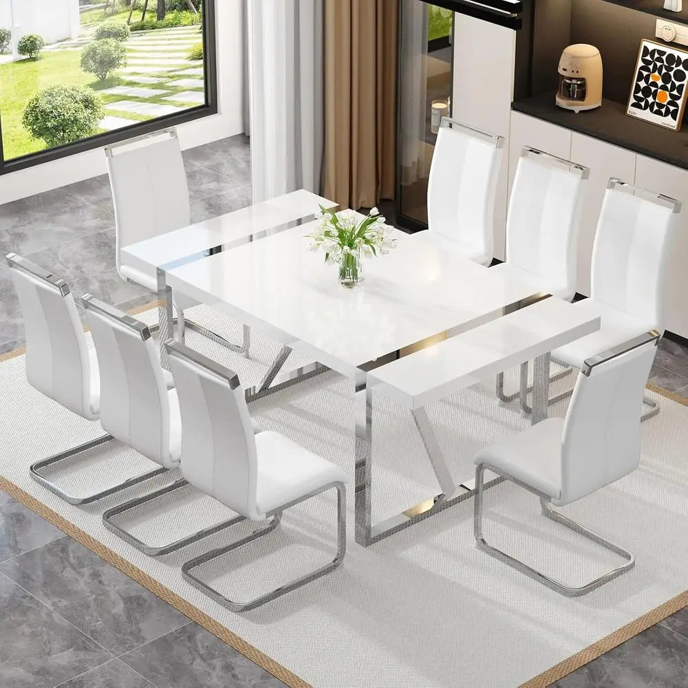 8-Seat Modern Dining Table Set with Leather Chairs