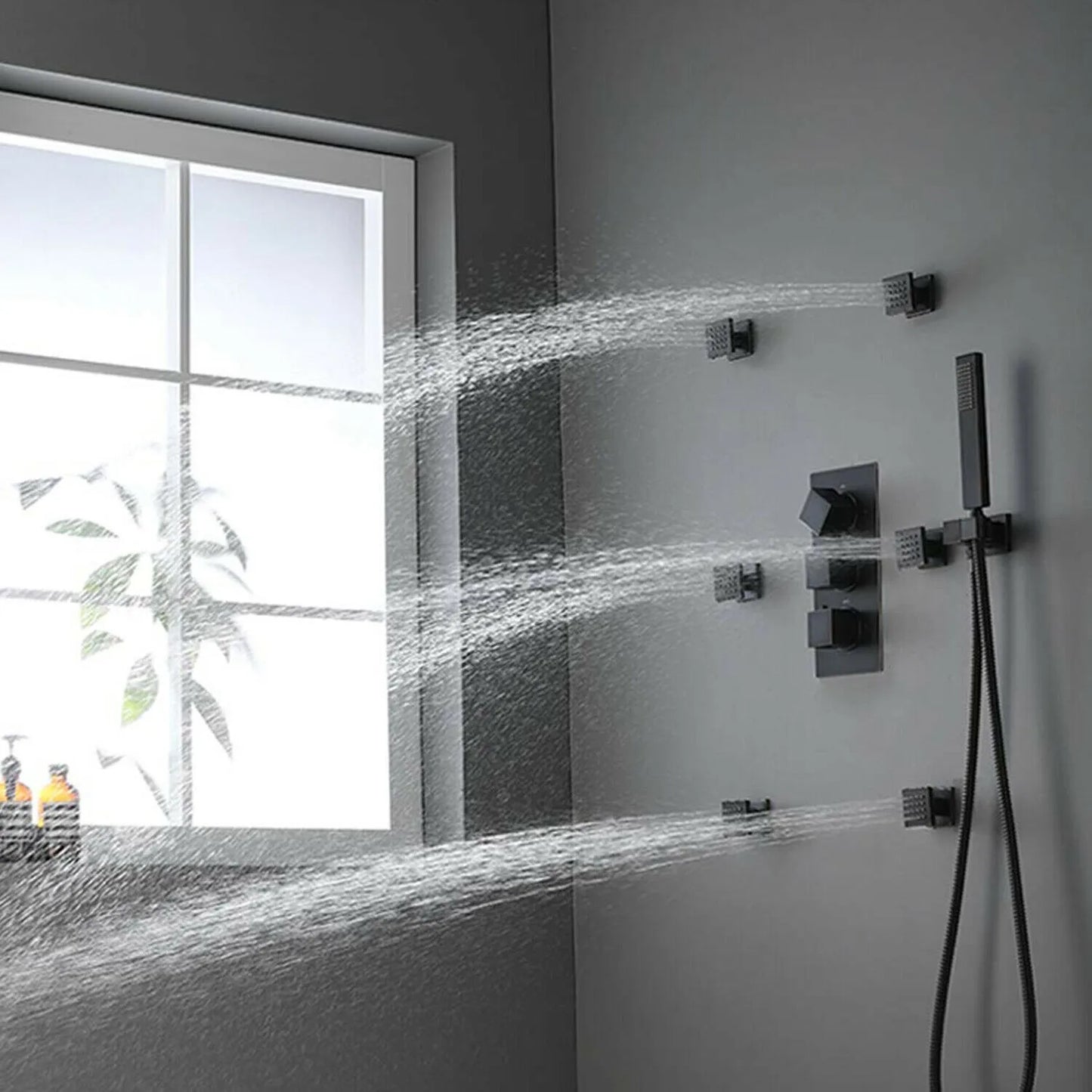 Black 8 inch Rain Shower Faucet Set Thermostatic Valve Massage Shower System Kit