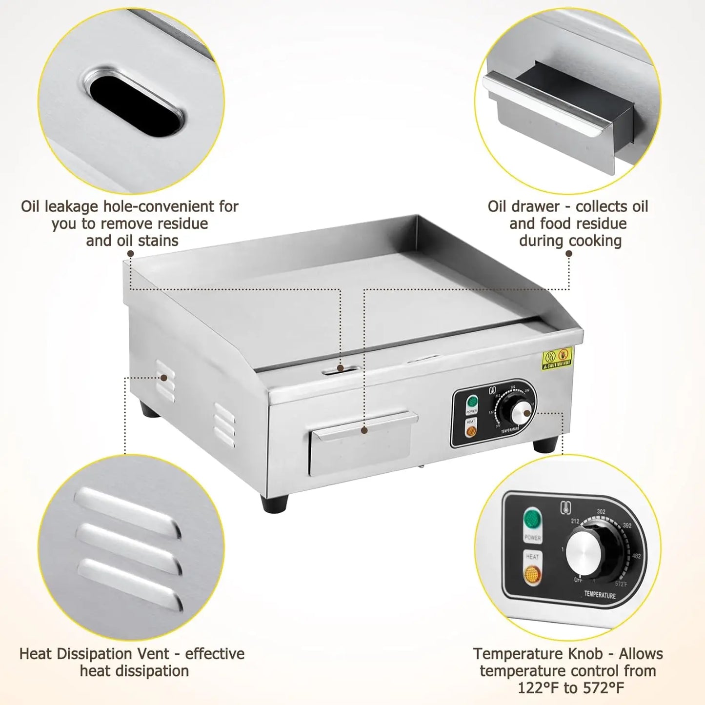 Electric Griddle for Outdoor Cooking Non-Stick Grill Plate Adjustable Temperature Control 122°F-572°F High Power 3600W