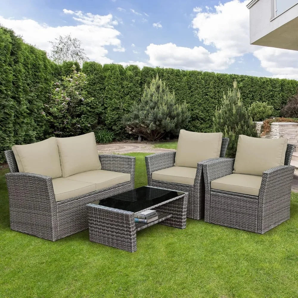 4 Pieces Patio Furniture Set, with Cushions & Tempered Glass Table,  for Backyard Garden Poolside, Wicker Conversation Couch Set