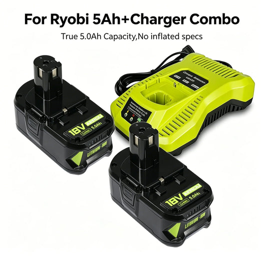 AERDU True 5.0Ah High Capacity Lithium-Ion Battery 2-Pack And Charger Kit for Ryobi 18V ONE+ P108 P117