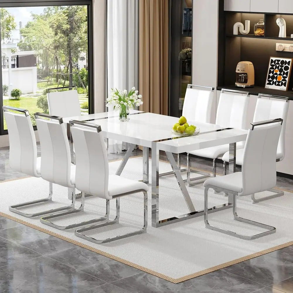 8-Seat Modern Dining Table Set with Leather Chairs