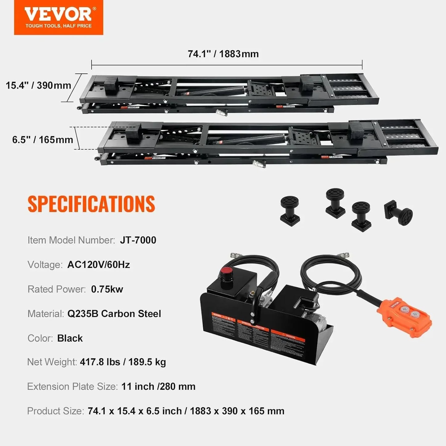 Bestseller7000 LBS Capacity Portable Car Lift, 26.8" Max. Height, with Extended-Length Plates, Heavy-Duty Carbon Steel Truck