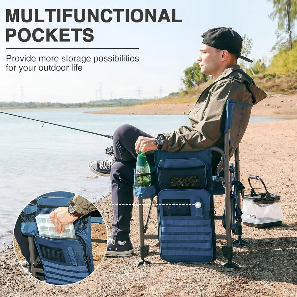 Portable All-Terrain Fishing Chair with Rod Holder, Cooler, Adjustable Feet, Mesh Back, and Shoulder Strap 350LBS