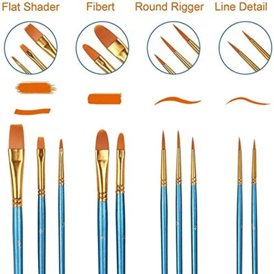 Acrylic Paint Brush Set 1 Pack 10 pcs Watercolor Brushes with Nylon Hair for All Purpose Oil Watercolor Painting Artist Profess