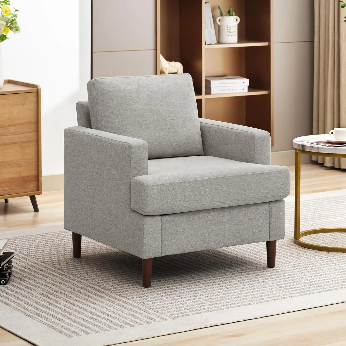Mid-Century Accent Chair,Modern Linen Fabric Armchair for Living Room,Comfy Upholstered Reading Accent Chairs for Bedroom
