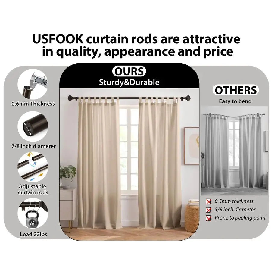 Pack Adjustable Curtain Rods for Windows, 7 8 Inch Bronze Curtain Poles 32 to 58 Inch with Brackets, Splicing Decorative Drapery