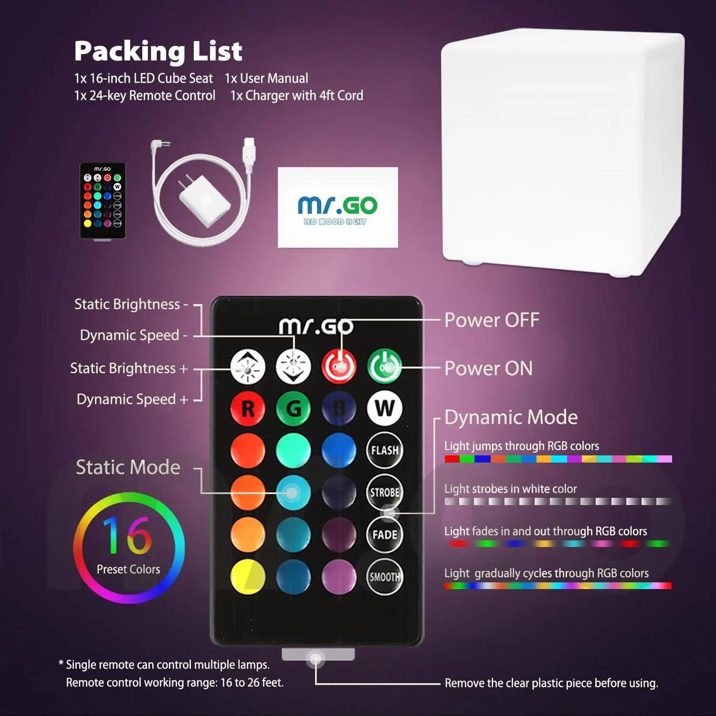 16-Inch Rechargeable RGB LED Cube Chair Light with Remote, Waterproof Cube Table Lamp for Home, Bedroom, Patio Decor