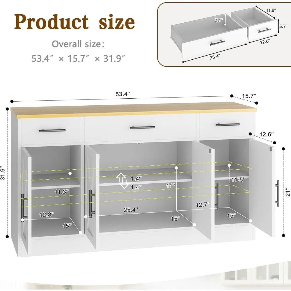 Vongrasig Farmhouse Buffet Cabinet Drawers Adjustable Shelves Large Sideboard Kitchen Dining Room Storage White