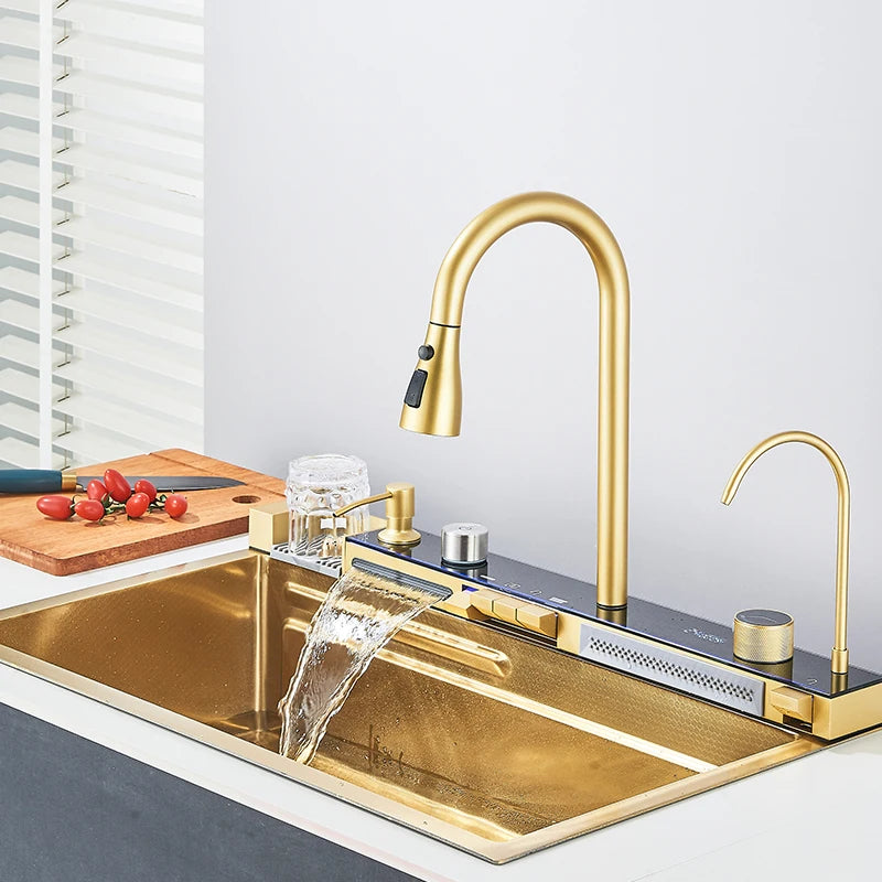 Brushed Golden Smart Digital Display Integrated Kitchen Sink Set Waterfall/Rainfall Water Purifier Soap Dispenser Cup Washer
