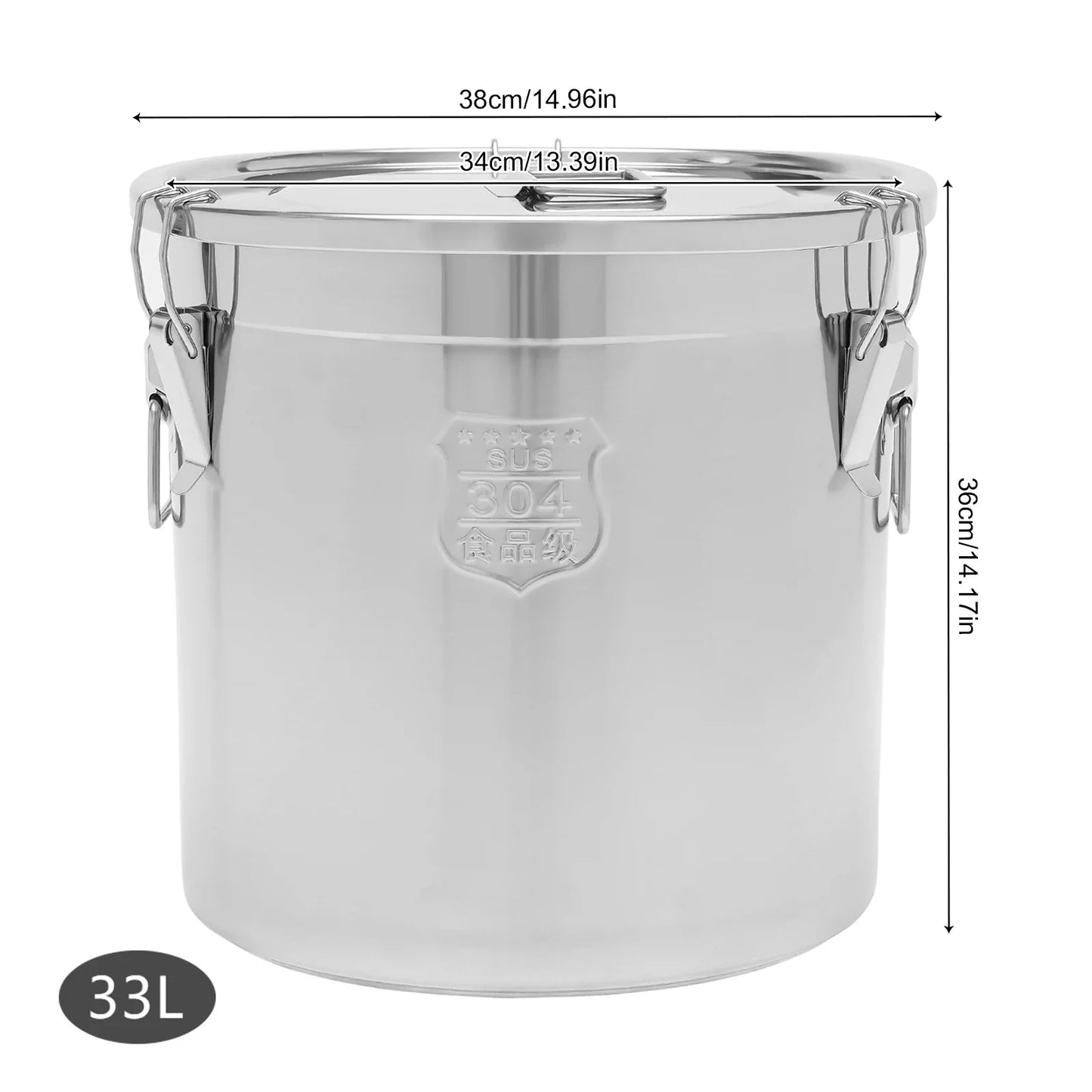12/33L Airtight Canister 304 Stainless Steel, 3.2Gal Canisters Container w/Lids and Sturdy Locking Clamp,for Rice, Flour, Grain