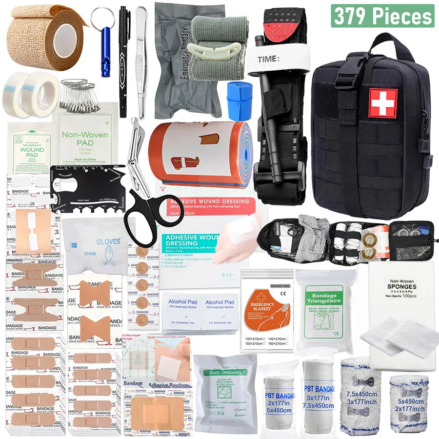 379pcs Home Office First Aid Kit Portable Emergency Bag, Red Survival Carry-On for Outdoor Activities, Camping, Hunting, Hiking