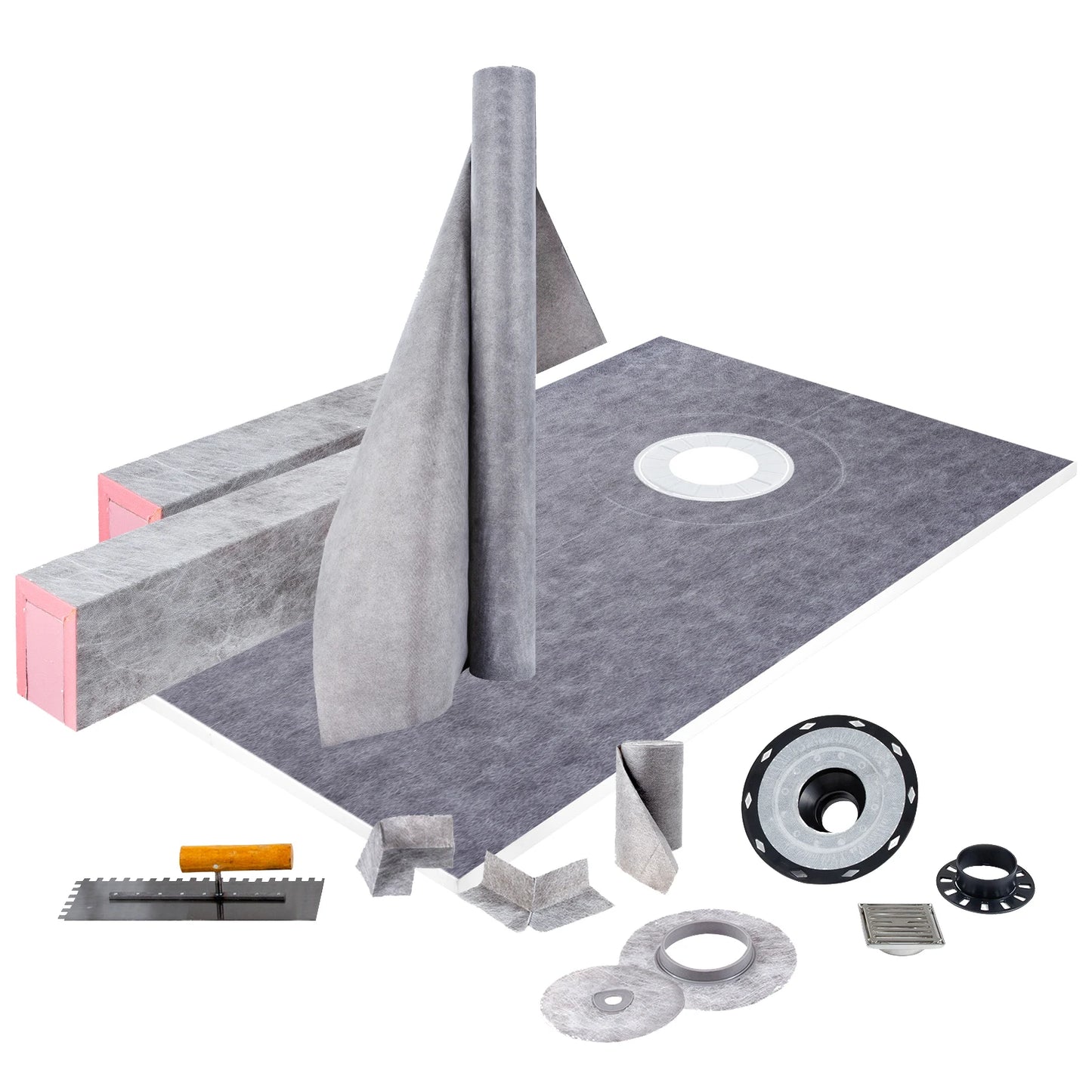 SucceBuy Waterproofing Shower Kit 38''x60'' Shower Kit Tray With Offset Drain PVC Or ABS 4" Stainless Steel Grate 2 Cuttable
