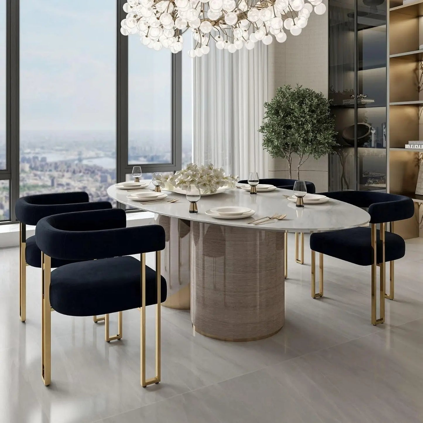 Set of 4 Black and Gold Modern Dining Chairs, Velvet Upholstered Barrel Armchairs with Metal Legs for Kitchen, Customized