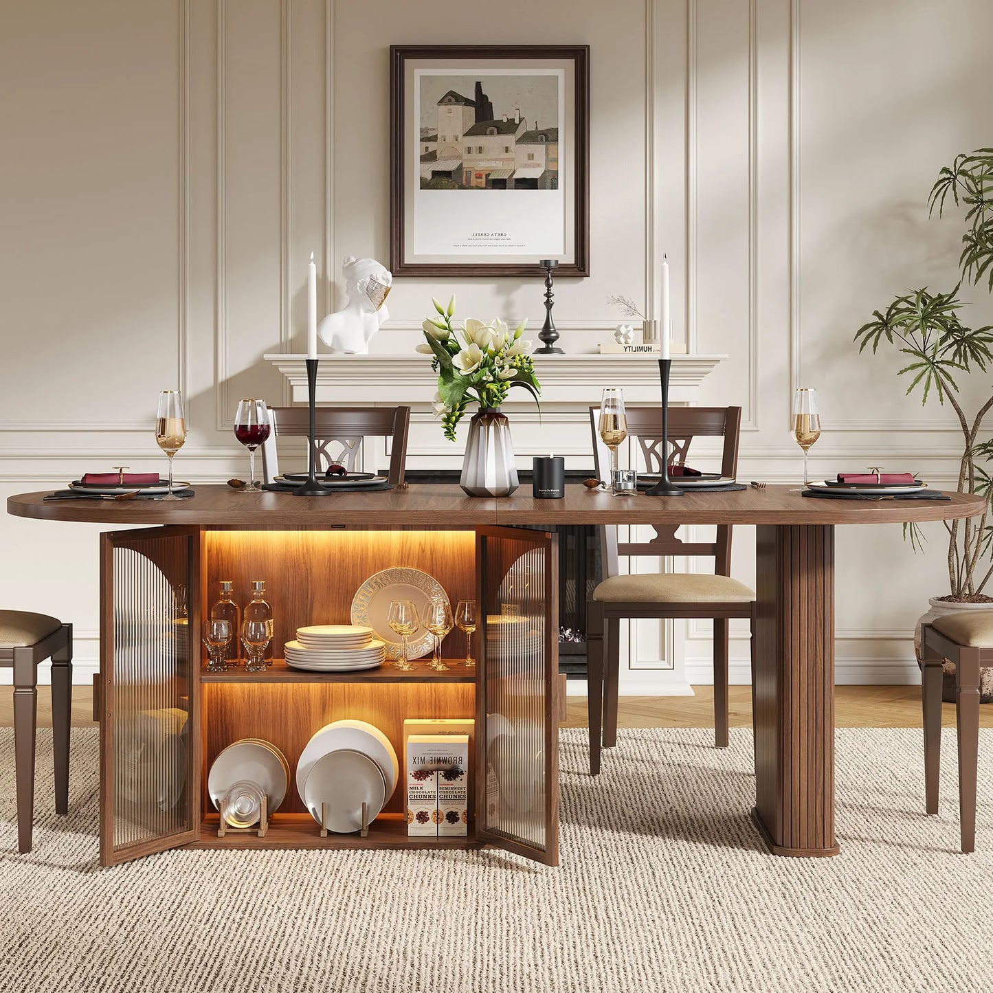 Walnut 70 Inch Oval Dining Table for 6-8 People, Modern Large Dining Room Table with 2-Tier Storage Space, Wood Center Kitchen Table with LED Light, Dinner Table with Heavy Duty Legs