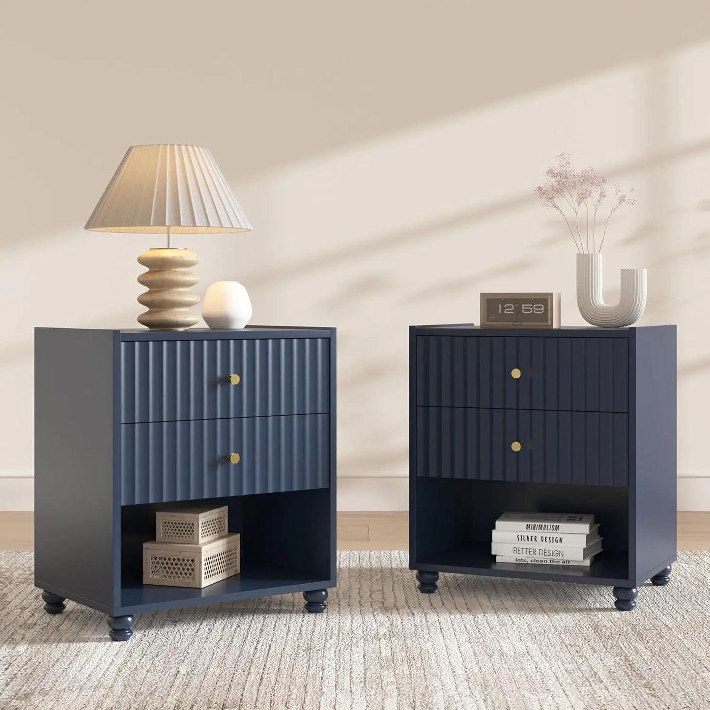 Modern Nightstand Set of 2, Fluted End Table with Open Shelf, Night Stand with 2 Drawers for Bedroom (Green), Customized