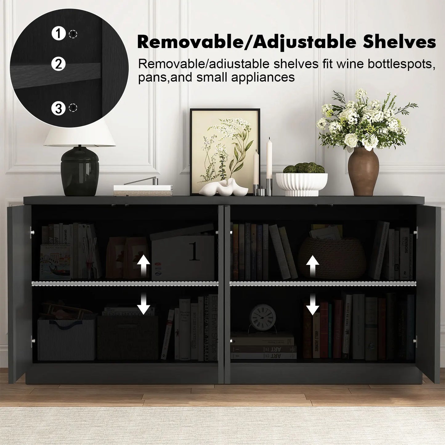 63‘’Fluted Sideboard with Storage 4 Doors & Adjustable Shelves Buffet Cabinet Large Modern Credenza Accent Console Cabinets
