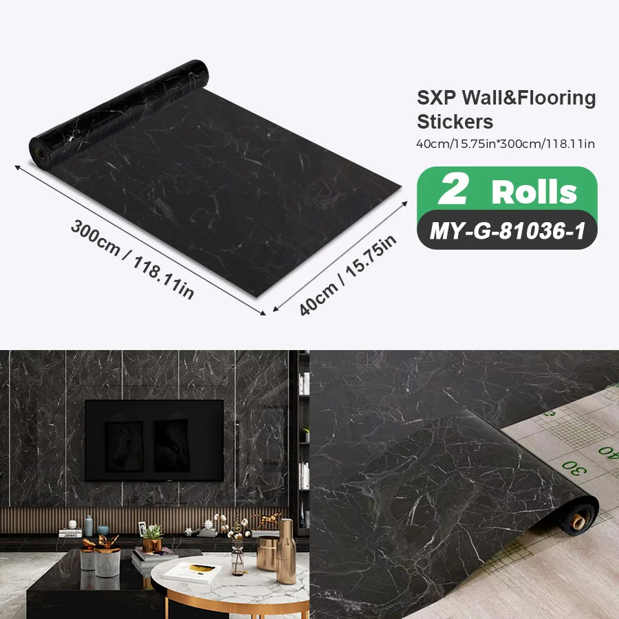 2 Rolls Self-Adhesive Wall and Floor Sticker Peel and Stick 15.75x118.11inch Wood Grain and Marble Design Wallpaper Sticker