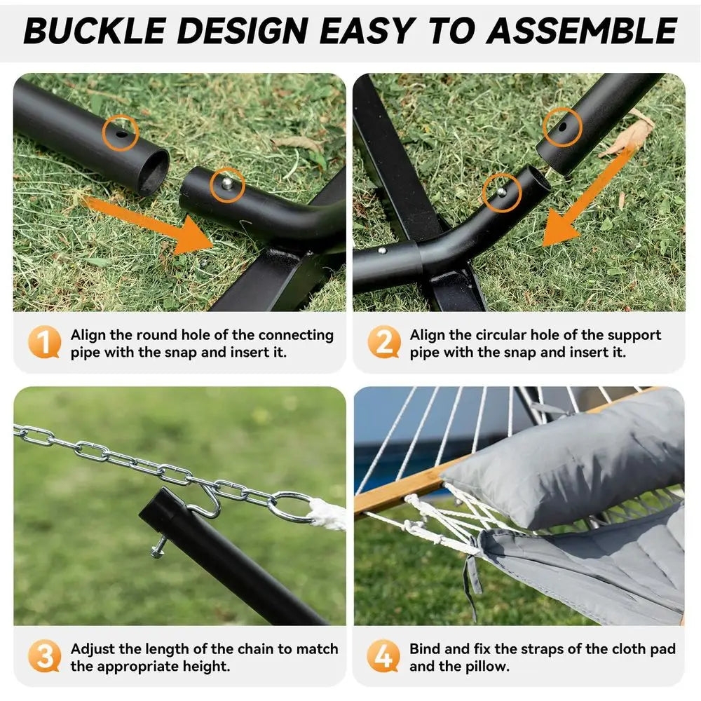 2 Person Outdoor Hammock with Stand, Cotton Rope Hammock with Polyester Pad, Adjustable Steel Frame, Portable with Carrying Bag