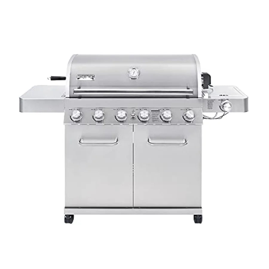 Propane gas grill for outdoor cooking, stainless steel cabinet style, silver, 6+1 burners with knob controls, side burner, buil
