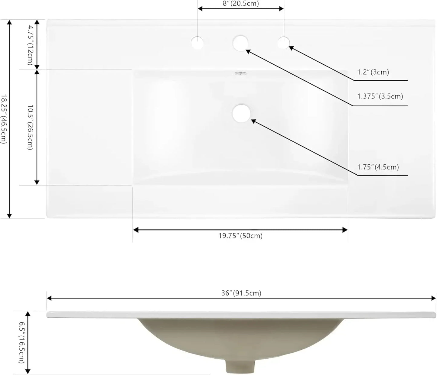 SNK1003A Ancillary 3-Hole 36 In. W X 18.25 In. D Classic Contemporary Rectangular Ceramic Single Sink Basin Vanity Top, White,cu