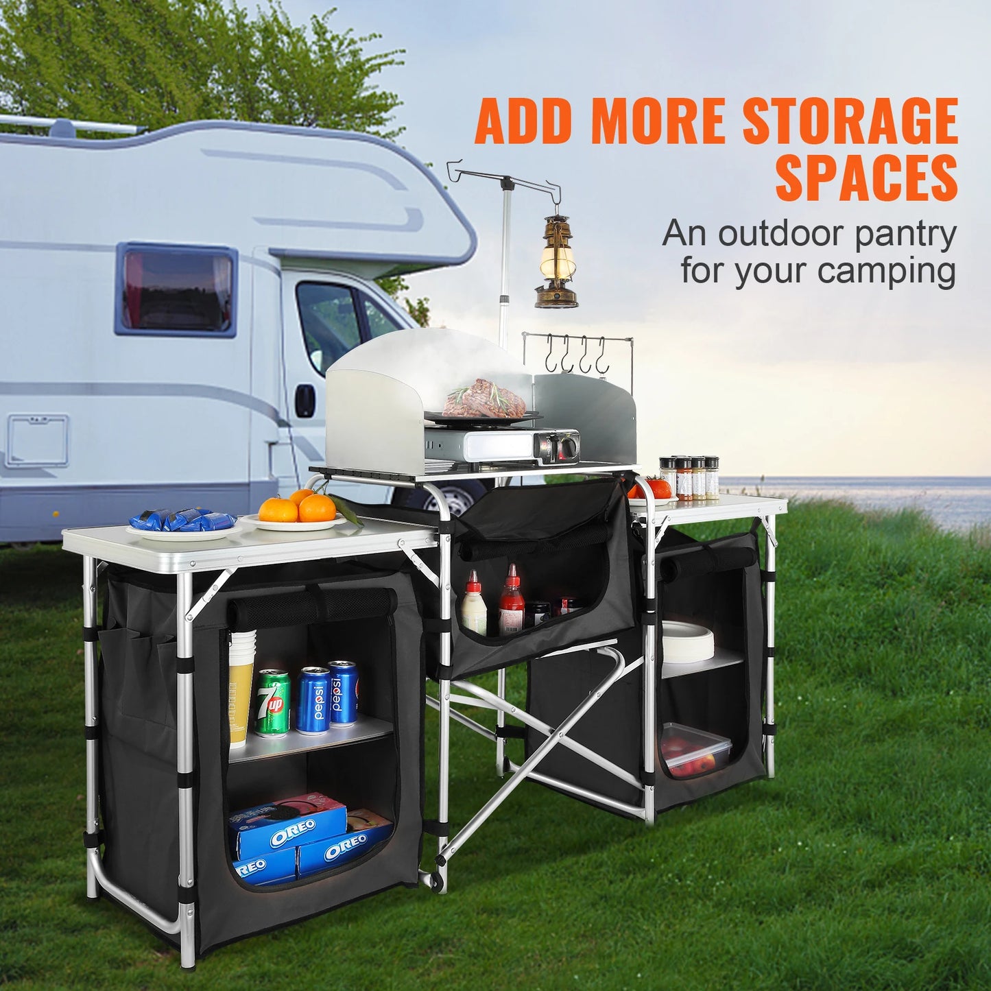 SucceBuy Camping Outdoor Kitchen Table Cabinet Foldable Folding Cooking Storage Rack Aluminum Alloy Bracket for BBQ Picnic