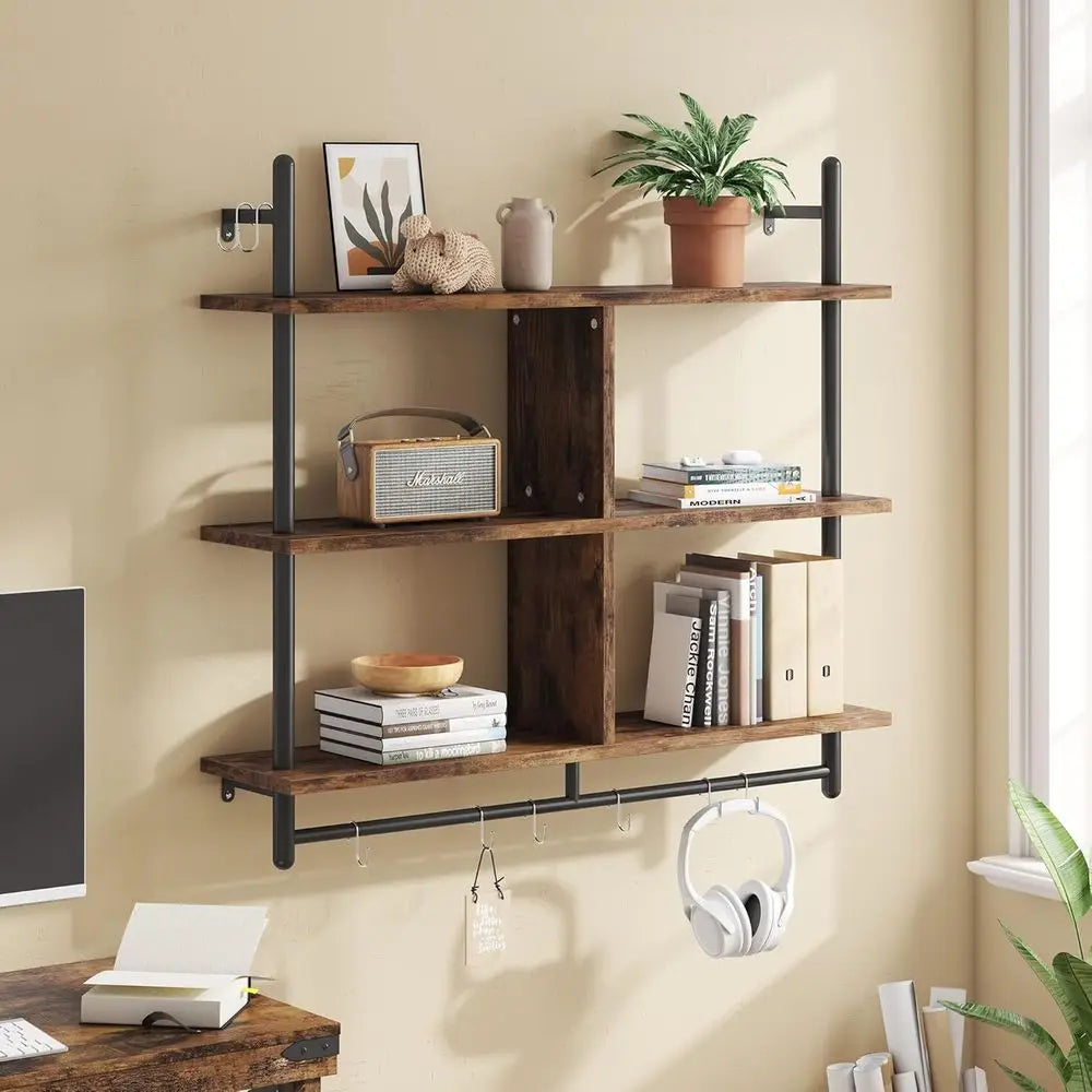 41.5" loating Shelves or Wall 3 Tier Kitchen Shelves Wall Mounted Coee Bar Shel Hanging Shel with 8 Hooks, Industrial Display Pi