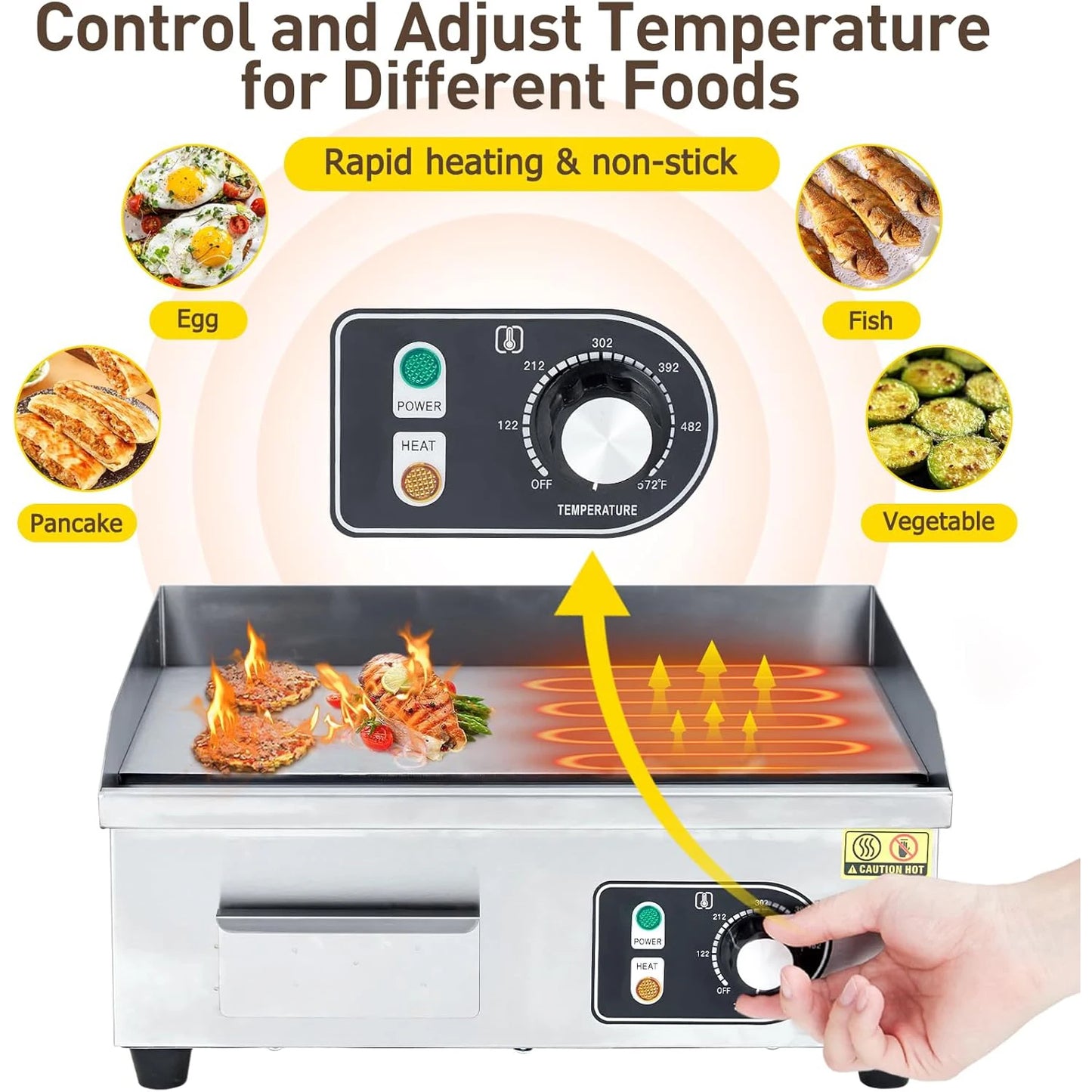 Electric Griddle for Outdoor Cooking Non-Stick Grill Plate Adjustable Temperature Control 122°F-572°F High Power 3600W
