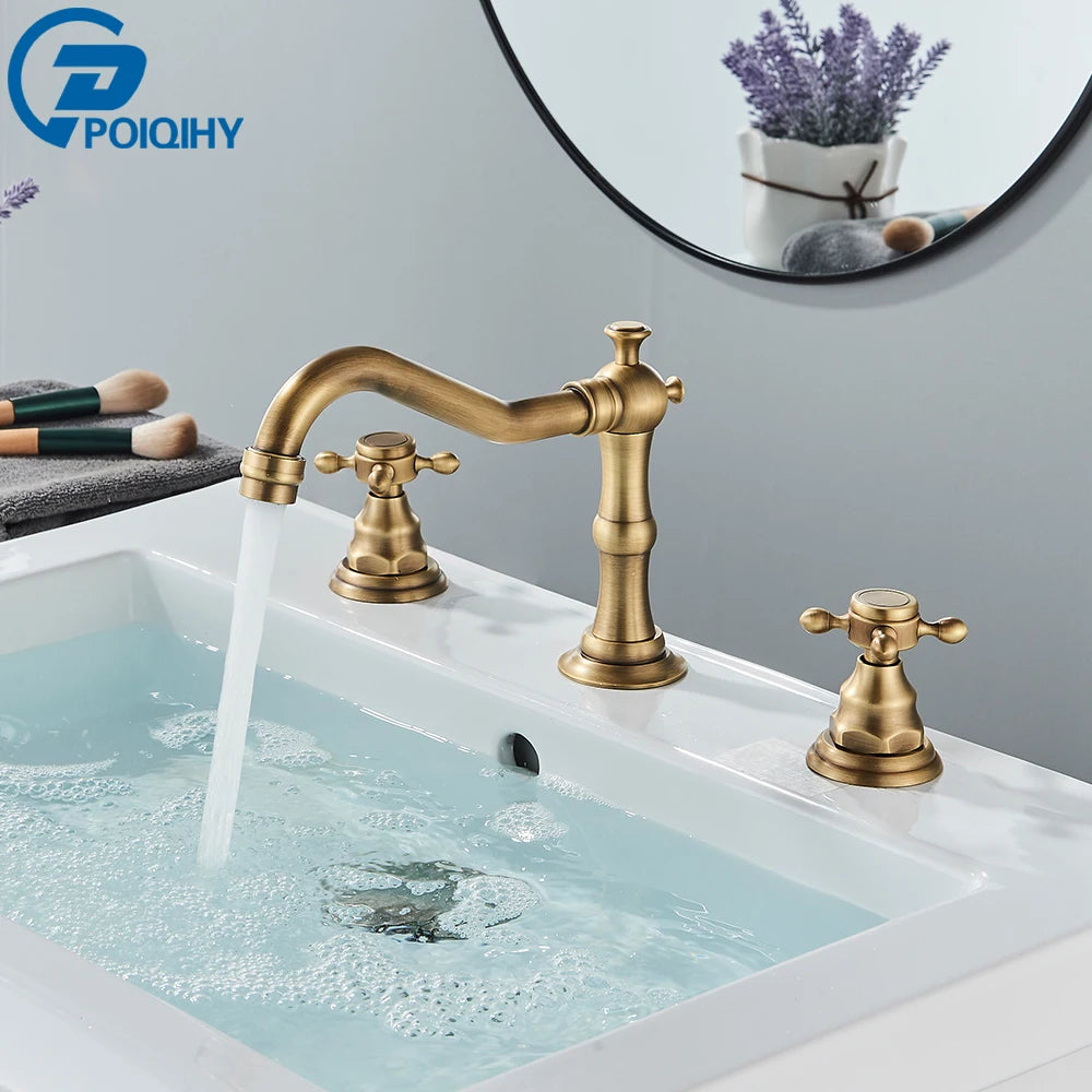 POIQIHY Antique Brass Bathtub Mixer Taps 3 pcs Basin Faucet Dual Handles Hot and Cold Tap Wall Mounted Basin Faucet