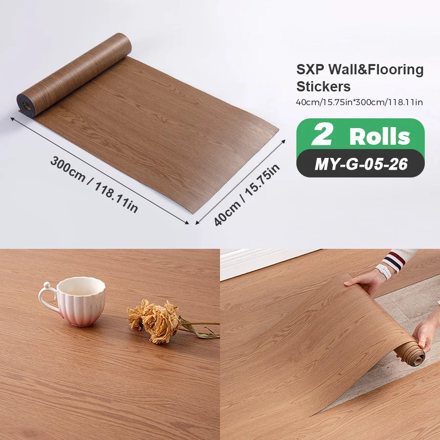 2 Rolls Self-Adhesive Wall and Floor Sticker Peel and Stick 15.75x118.11inch Wood Grain and Marble Design Wallpaper Sticker